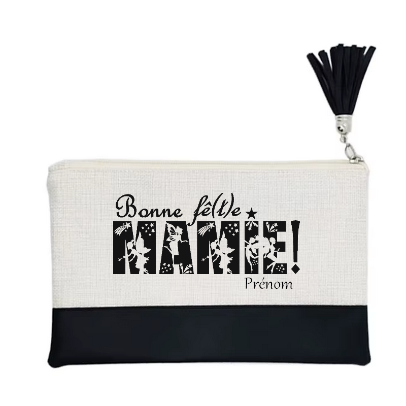 Pochette personnalisée motif mamie bonne fete en toile et simili cuir personnalisée