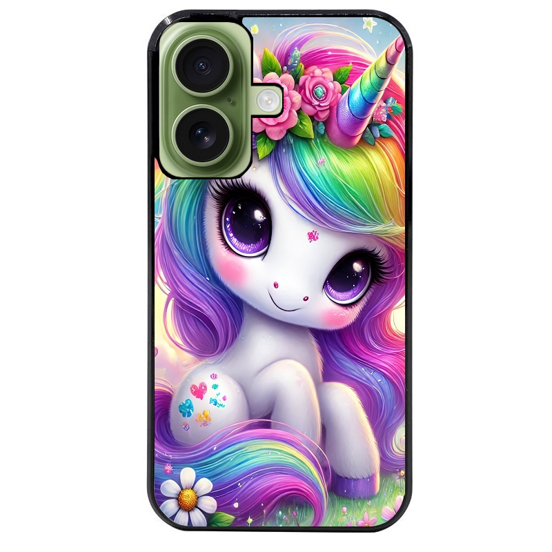 Coque noire taperso pour Iphone 16 16E PLUS MAX PRO avec motif licorne et fleurs protection antichoc personnalisée