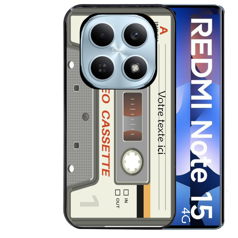 Coque noire taperso pour Redmi Note 15 et PRO PLUS 4G 5G avec motif cassette grise personnalisable protection antichoc personnalisée