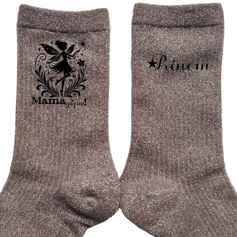 Chaussettes personnalisée paillettes bronze motif maman magique