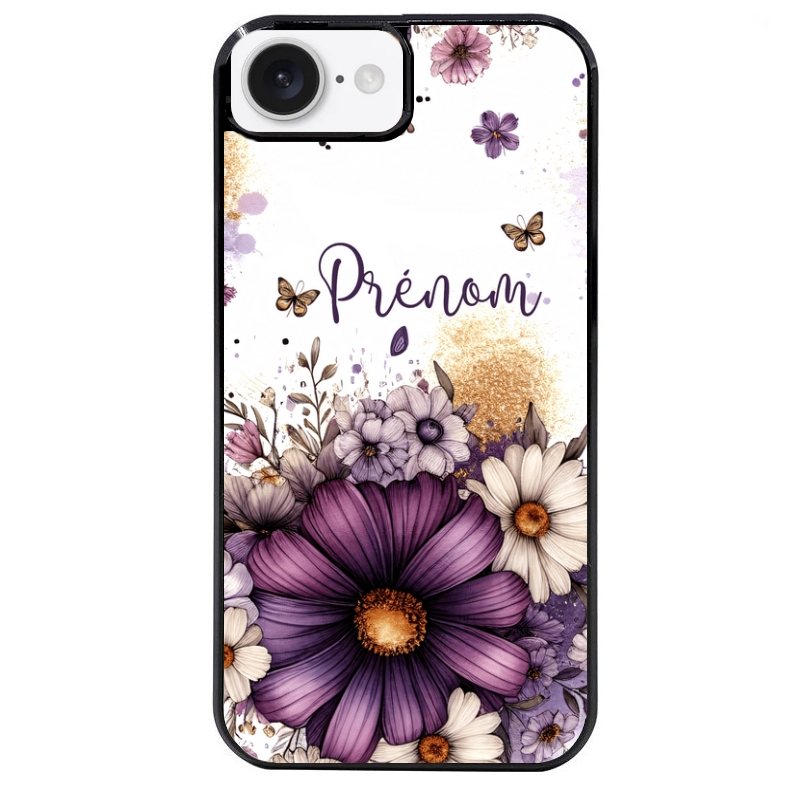 Coque noire taperso pour Iphone 17 17E AIR MAX PRO avec motif fleur violette personnalisee protection antichoc personnalisée
