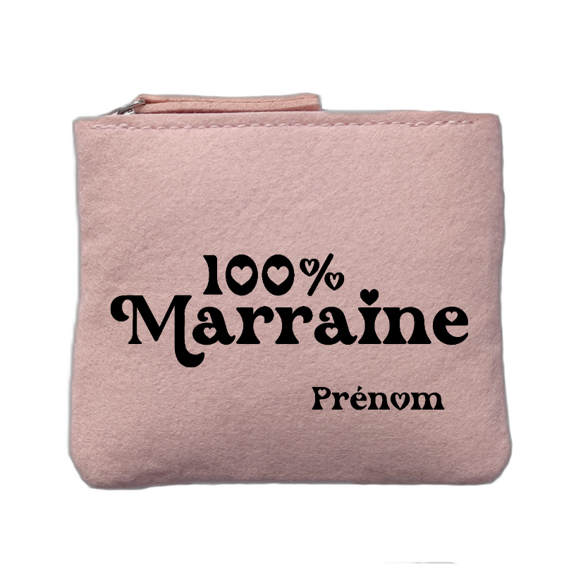 Porte monnaie personnalisé motif marraine 100% rose clair en feutrine en feutrine