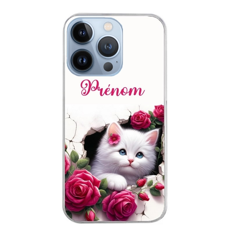 Coque taperso pour Iphone 13 et PRO MINI PRO MAX avec motif chat fleurs personnalisee protection antichoc personnalisée