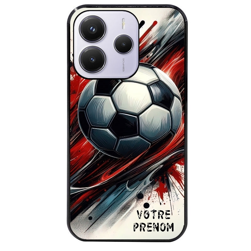 Coque noire taperso pour Redmi Note 14 et PRO PLUS 4G 5G avec motif ballon foot avec prenom protection antichoc personnalisée