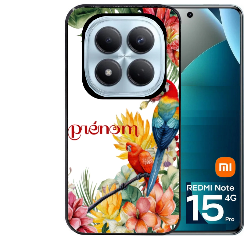 Coque noire taperso pour Redmi Note 15 et PRO PLUS 4G 5G avec motif perroquet personnalisee protection antichoc personnalisée