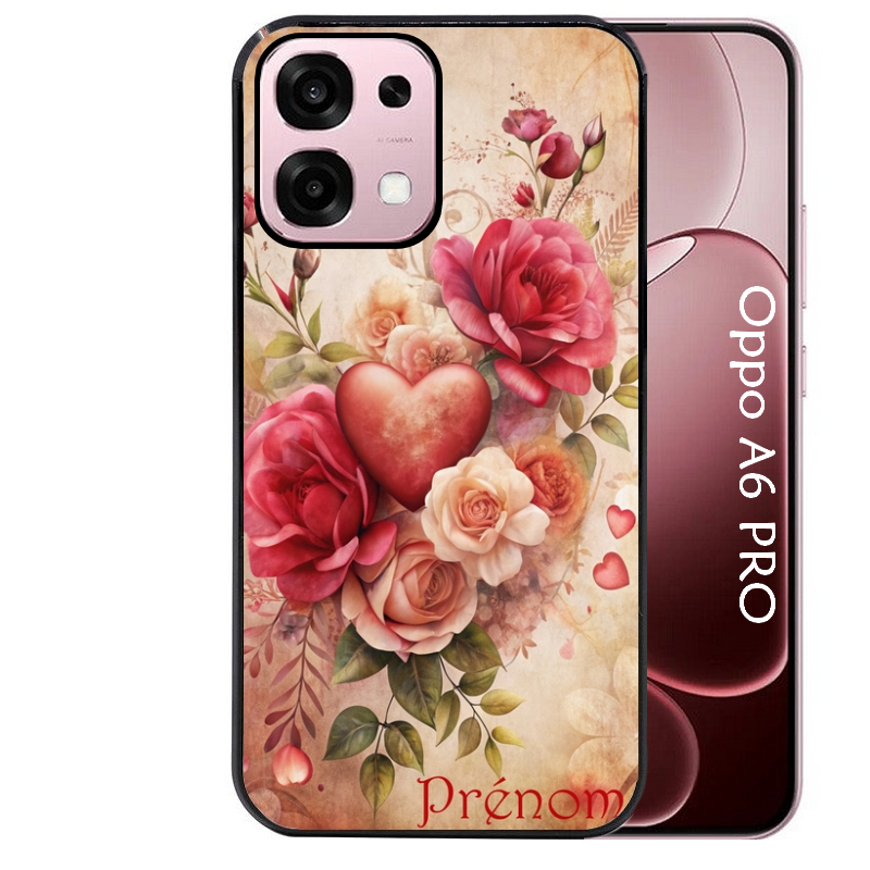 Coque noire taperso pour OPPO A6 PRO 4G et 5G avec motif coeur et fleur personnalisee protection antichoc personnalisée