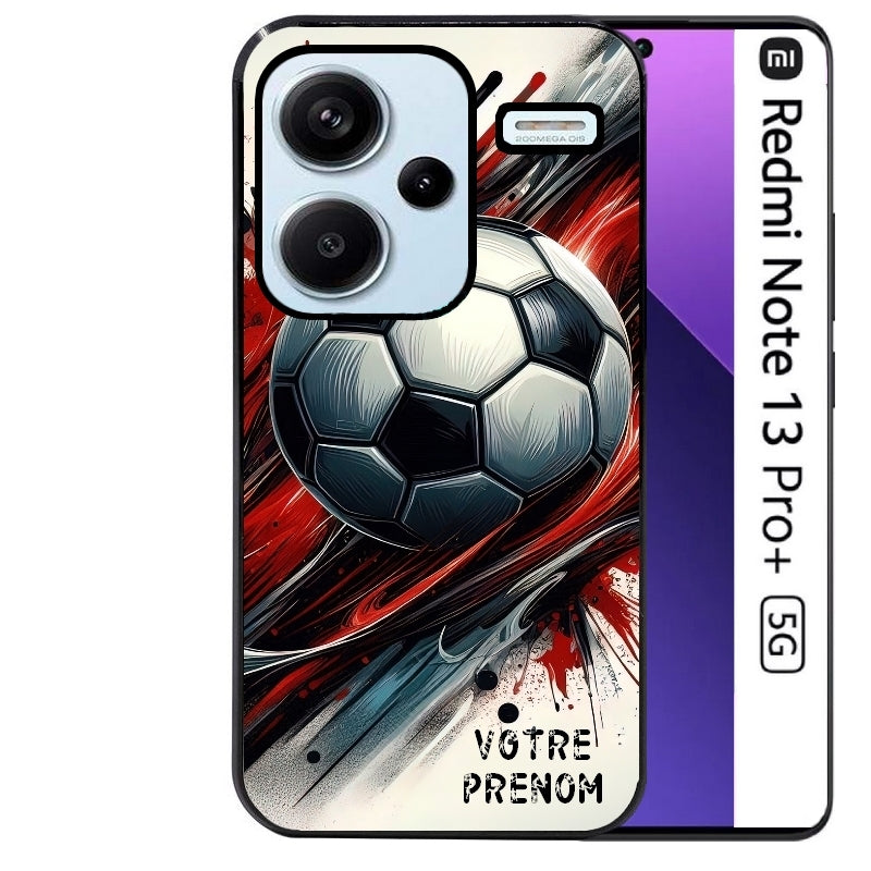 Coque noire taperso pour Redmi Note 13 PRO PLUS 5G avec motif ballon foot avec prenom protection antichoc personnalisée