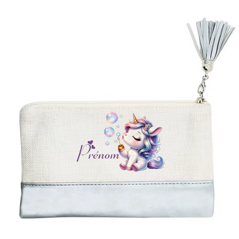 Pochette personnalisée motif licorne bubble en toile et simili cuir personnalisée