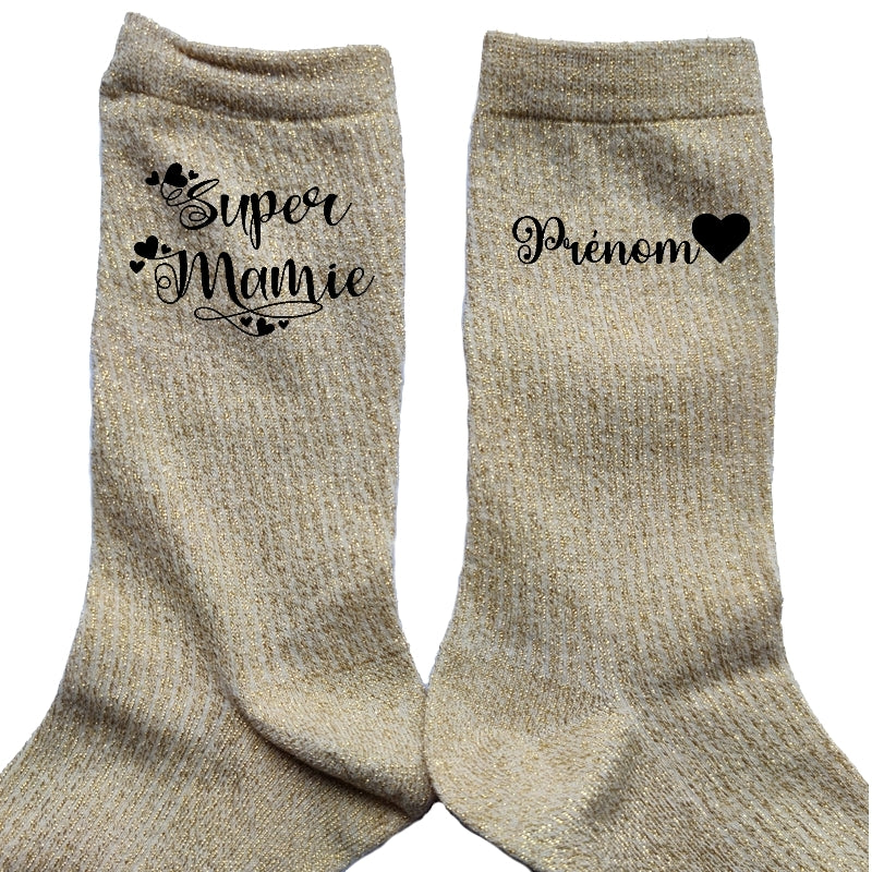 Chaussettes personnalisée paillettes doré motif super mamie