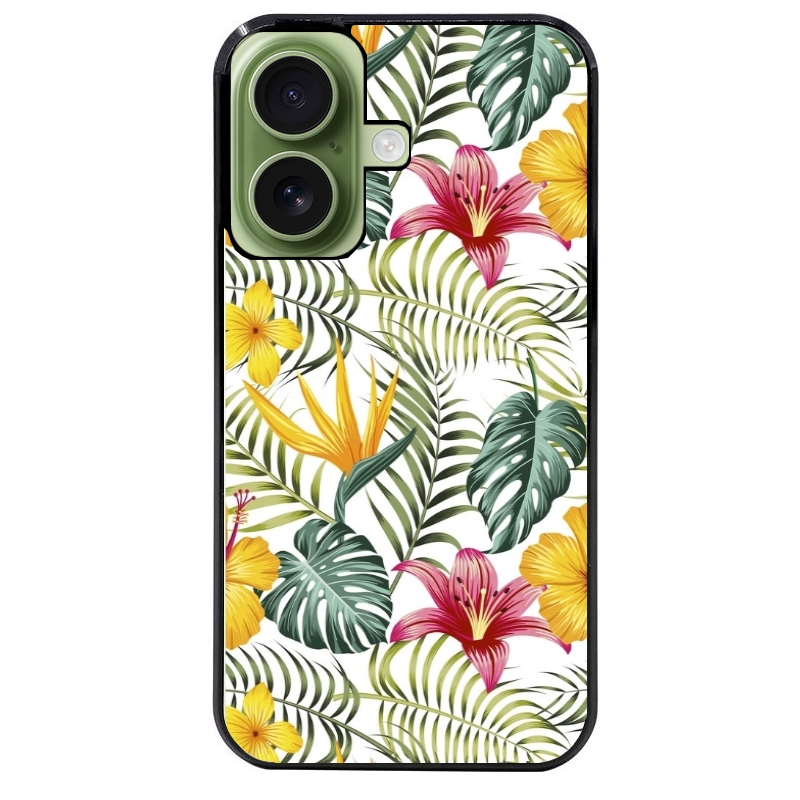 Coque noire taperso pour Iphone 16 16E PLUS MAX PRO avec motif jungle et fleur hibiscus protection antichoc personnalisée