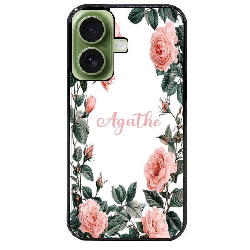 Coque noire taperso pour Iphone 16 16E PLUS MAX PRO avec motif cadre fleur pastel personnalisee protection antichoc personnalisée