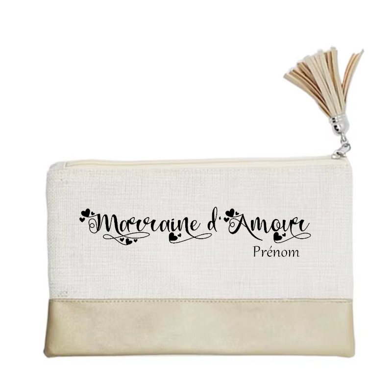 Pochette personnalisée motif marraine d'amour en toile et simili cuir personnalisée