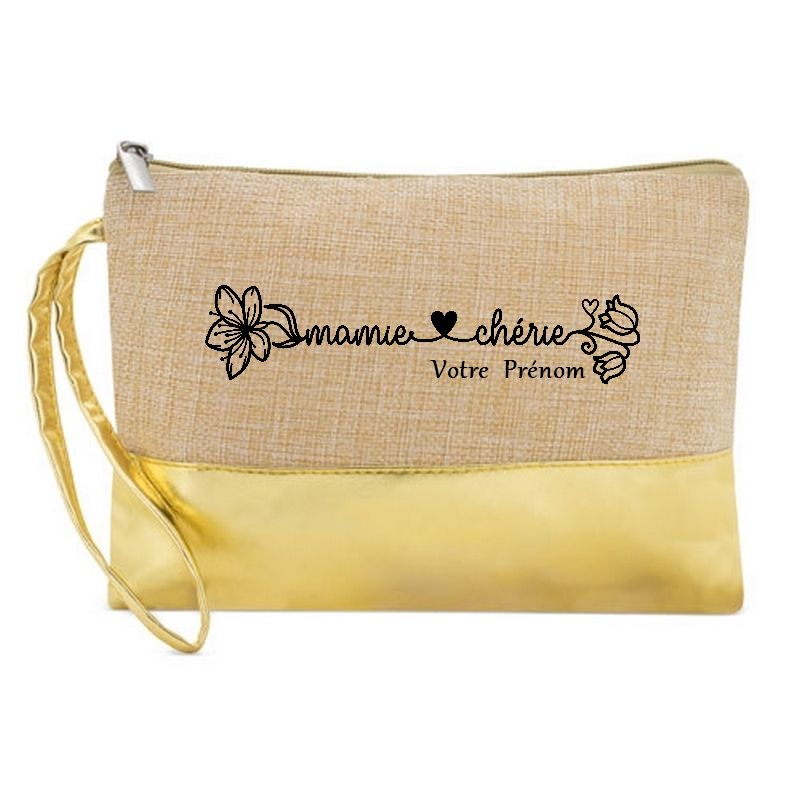 Pochette personnalisée mamie chérie en jute et doré en jute et doré