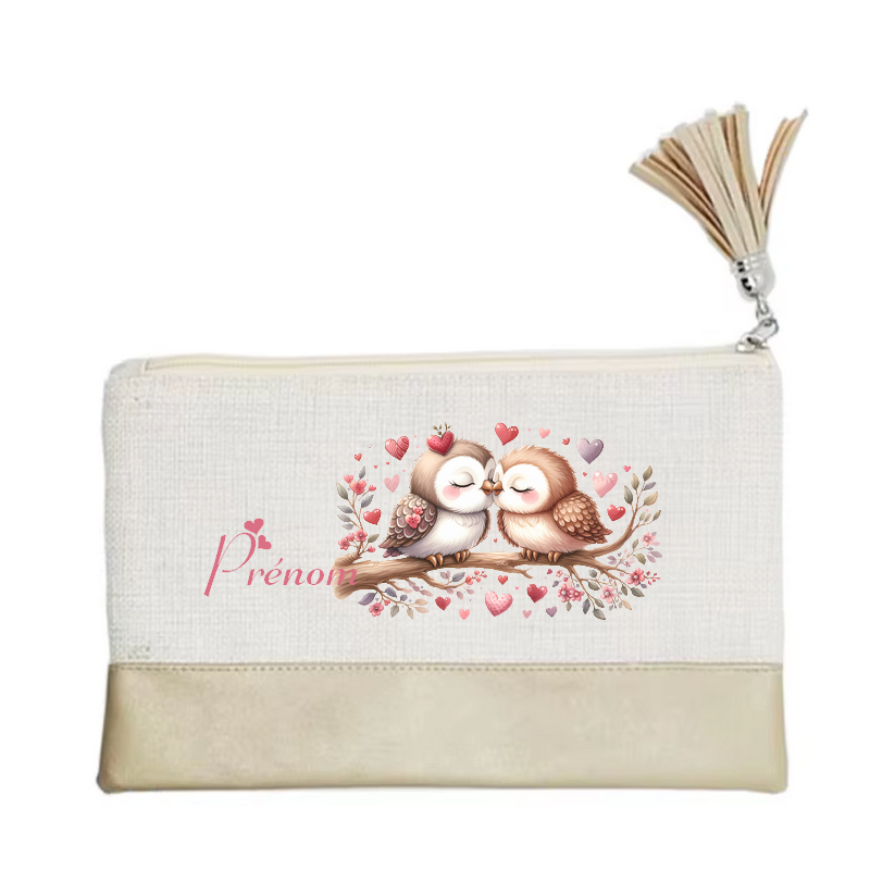 Pochette personnalisée motif chouette love en toile et simili cuir personnalisée