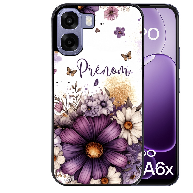 Coque noire taperso pour OPPO A6 A6X 4G et 5G avec motif fleur violette personnalisee protection antichoc personnalisée
