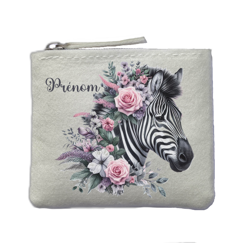 Porte monnaie personnalisé zèbre fleurs ivoire en feutrine en feutrine ivoire