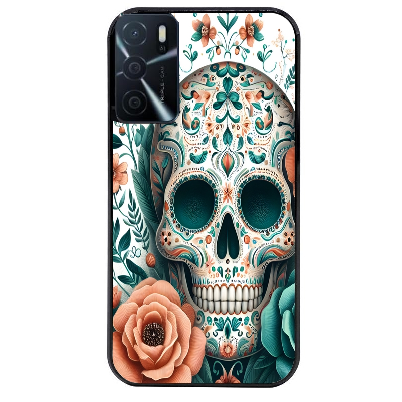 Coque noire taperso pour OPPO A16 et A16S avec motif mort mexicaine turquoise protection antichoc personnalisée