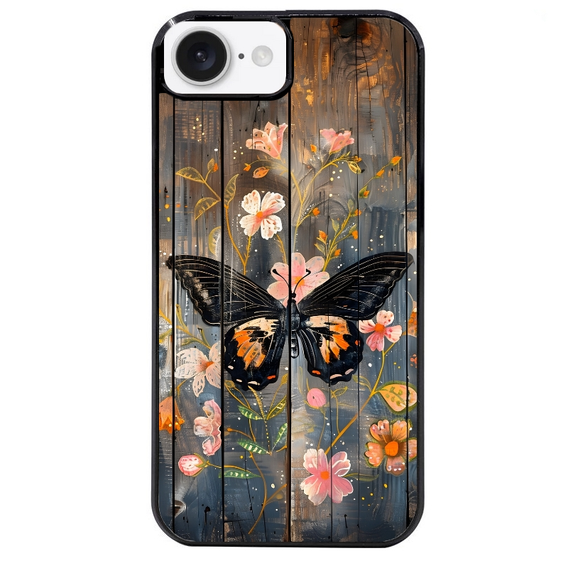 Coque noire taperso pour Iphone 17 17E AIR MAX PRO avec motif bois et papillon 2 protection antichoc personnalisée