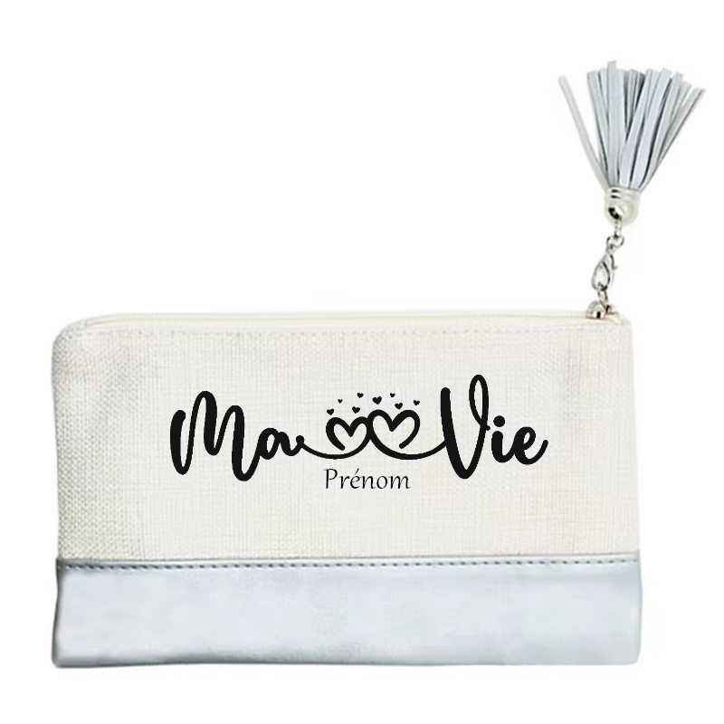 Pochette personnalisée motif ma vie en toile et simili cuir personnalisée