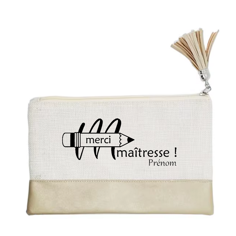 Pochette personnalisée motif maitresse merci crayon en toile et simili cuir personnalisée
