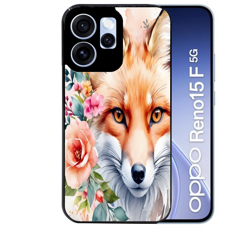 Coque noire taperso pour OPPO Reno 15 et F FS 5G avec motif renard fox et fleurs protection antichoc personnalisée