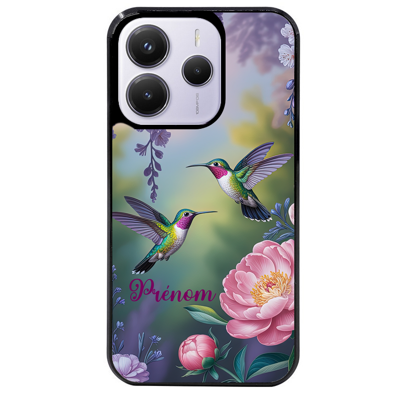 Coque noire taperso pour Redmi Note 14 et PRO PLUS 4G 5G avec motif colibri couple personnalise protection antichoc personnalisée