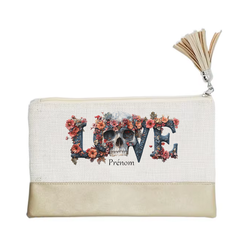 Pochette personnalisée motif tete de mort love en toile et simili cuir personnalisée