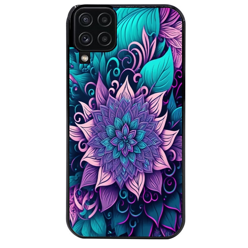 Coque noire taperso pour galaxy A22 A32 A52 A52S 4G 5G  avec motif tropical mandala et fleur violet protection antichoc personnalisée