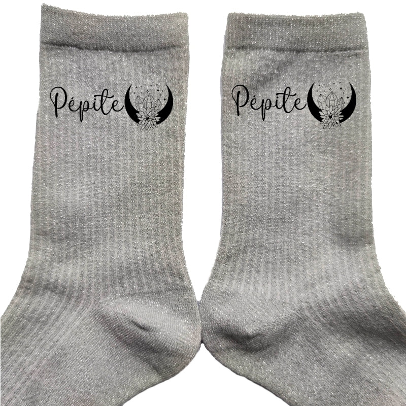 Chaussettes paillettes argent motif pépite