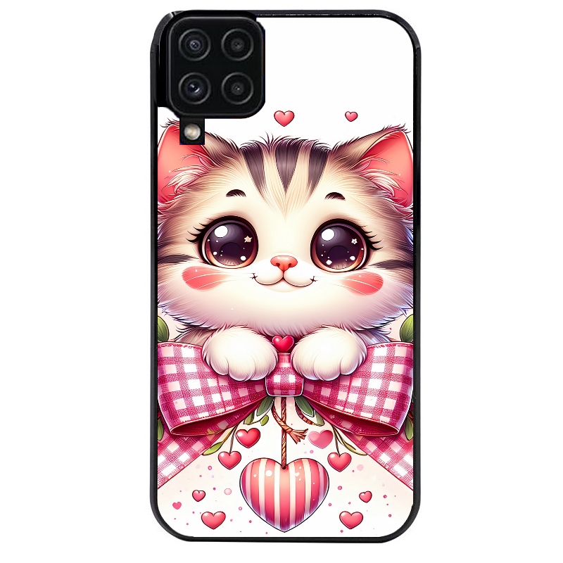 Coque noire taperso pour galaxy A22 A32 A52 A52S 4G 5G  avec motif chat noeud et coeur protection antichoc personnalisée