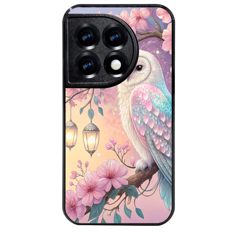 Coque noire taperso pour OnePlus 11 et 12 avec motif chouette cerisier protection antichoc personnalisée