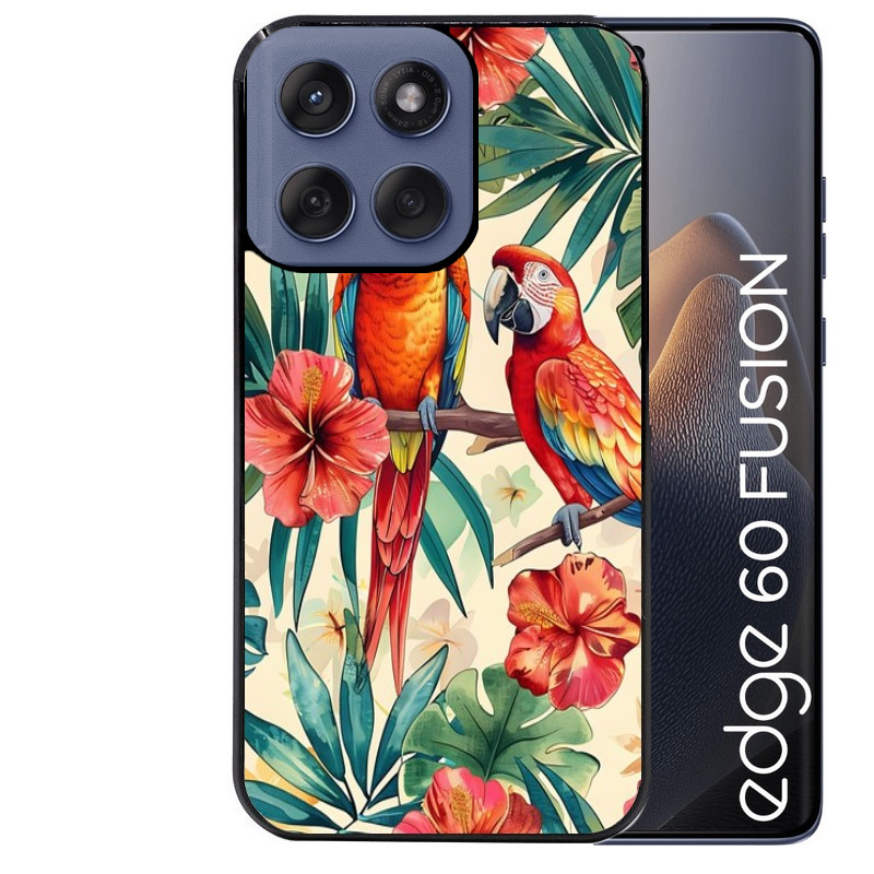 Coque noire taperso pour Moto Edge 60 et Neo Fusion Pro avec motif perroquet et fleurs protection antichoc personnalisée