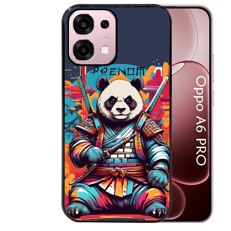 Coque noire taperso pour OPPO A6 PRO 4G et 5G avec motif panda katana personnalisee protection antichoc personnalisée