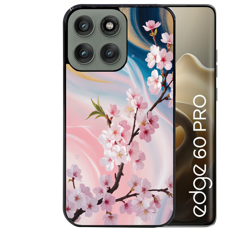 Coque noire taperso pour Moto Edge 60 et Neo Fusion Pro avec motif marbre fleur cerisier protection antichoc personnalisée