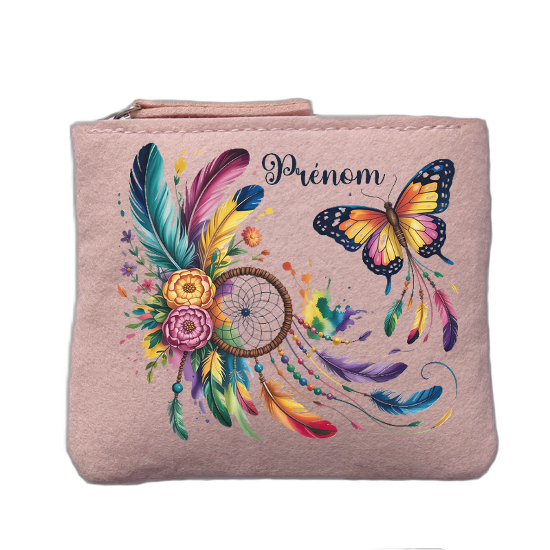 Porte monnaie personnalisé motif dreamcatcher papillon color rose clair en feutrine en feutrine