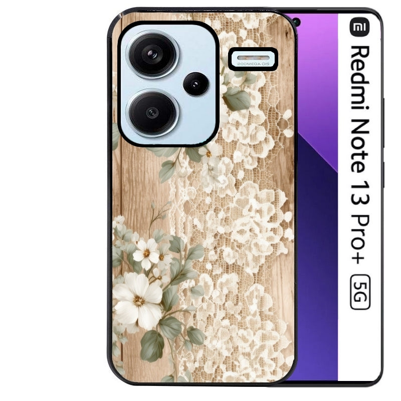 Coque noire taperso pour Redmi Note 13 PRO PLUS 5G avec motif bois et dentelle 1 protection antichoc personnalisée