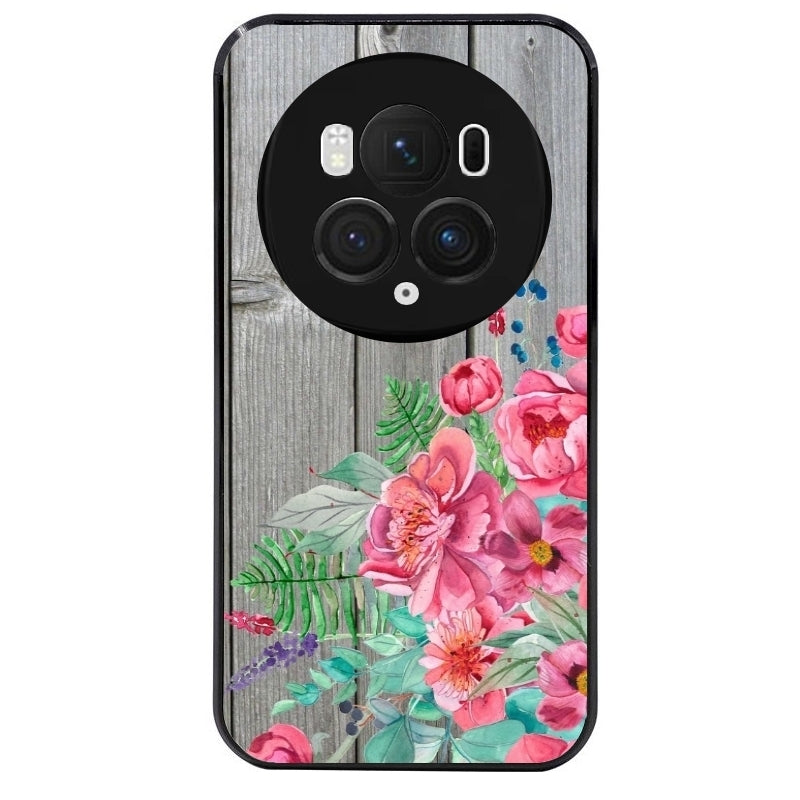 Coque noire taperso pour Magic 5 6 LITE et PRO avec motif bois gris et fleur rose protection antichoc personnalisée