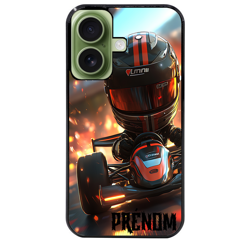 Coque noire taperso pour Iphone 16 16E PLUS MAX PRO avec motif karting f1 personnalisee protection antichoc personnalisée