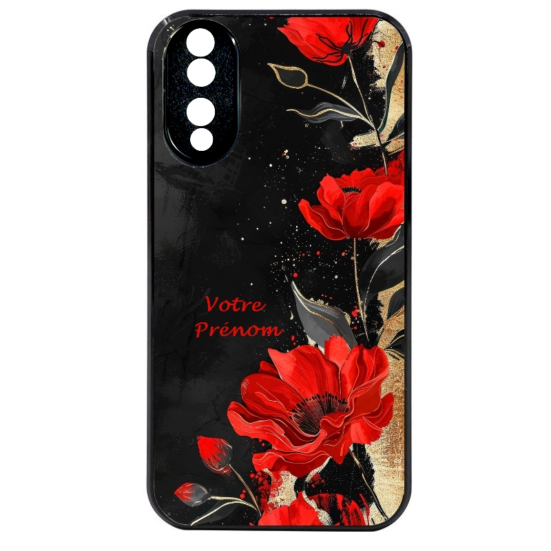 Coque noire taperso pour Honor 70 LITE 90 et LITE avec motif fleur rouge avec prenom protection antichoc personnalisée