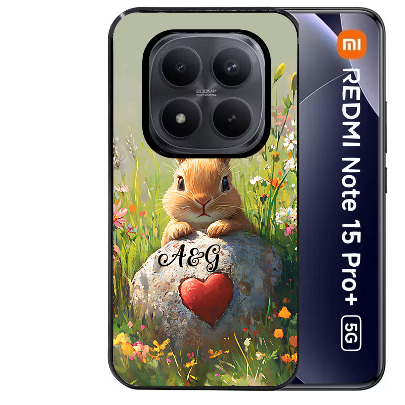 Coque noire taperso pour Redmi Note 15 et PRO PLUS 4G 5G avec motif lapin et fleurs personnalisee protection antichoc personnalisée