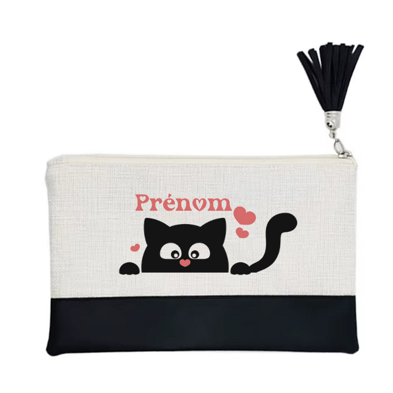 Pochette personnalisée motif chat cœur en toile et simili cuir personnalisée