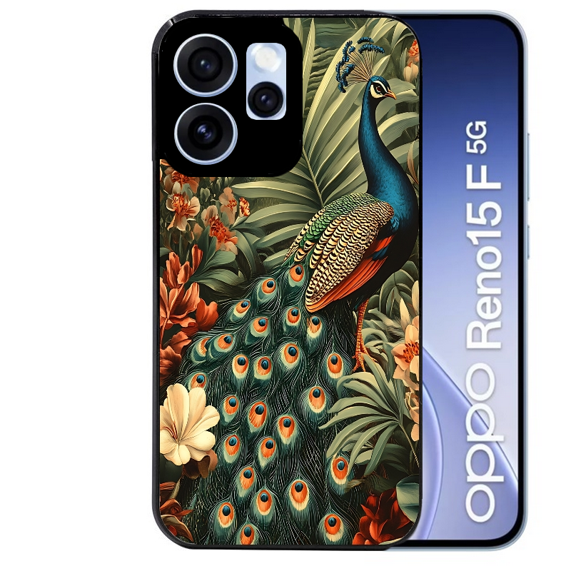 Coque noire taperso pour OPPO Reno 15 et F FS 5G avec motif paon tropical protection antichoc personnalisée