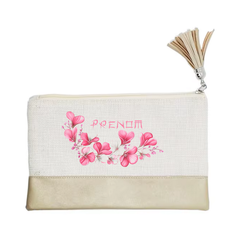 Pochette personnalisée motif fleur cerisier en toile et simili cuir personnalisée