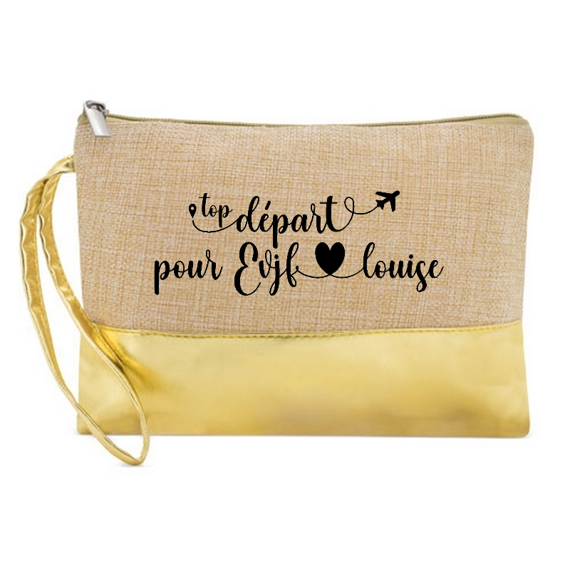 Pochette personnalisée départ EVJF en jute et doré en jute et doré