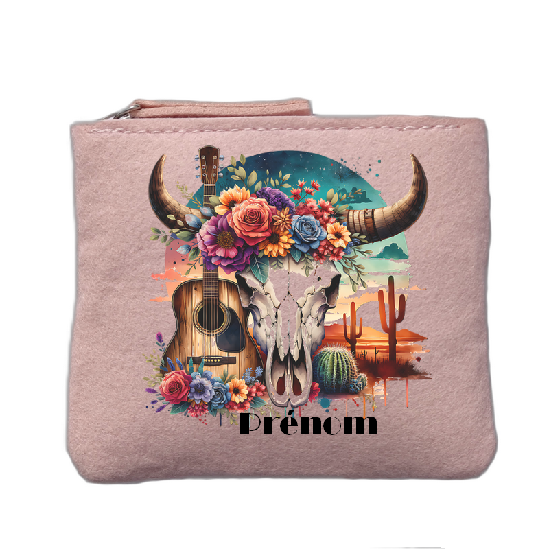 Porte monnaie personnalisé motif skull bull western rose clair en feutrine en feutrine