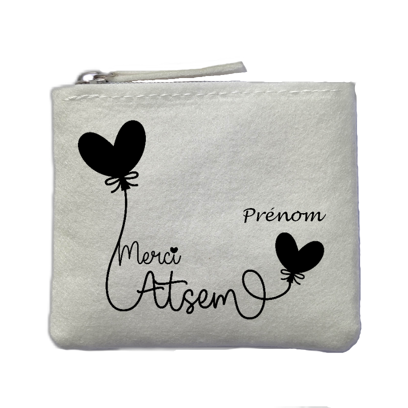 Porte monnaie personnalisé atsem merci ballon ivoire en feutrine en feutrine ivoire