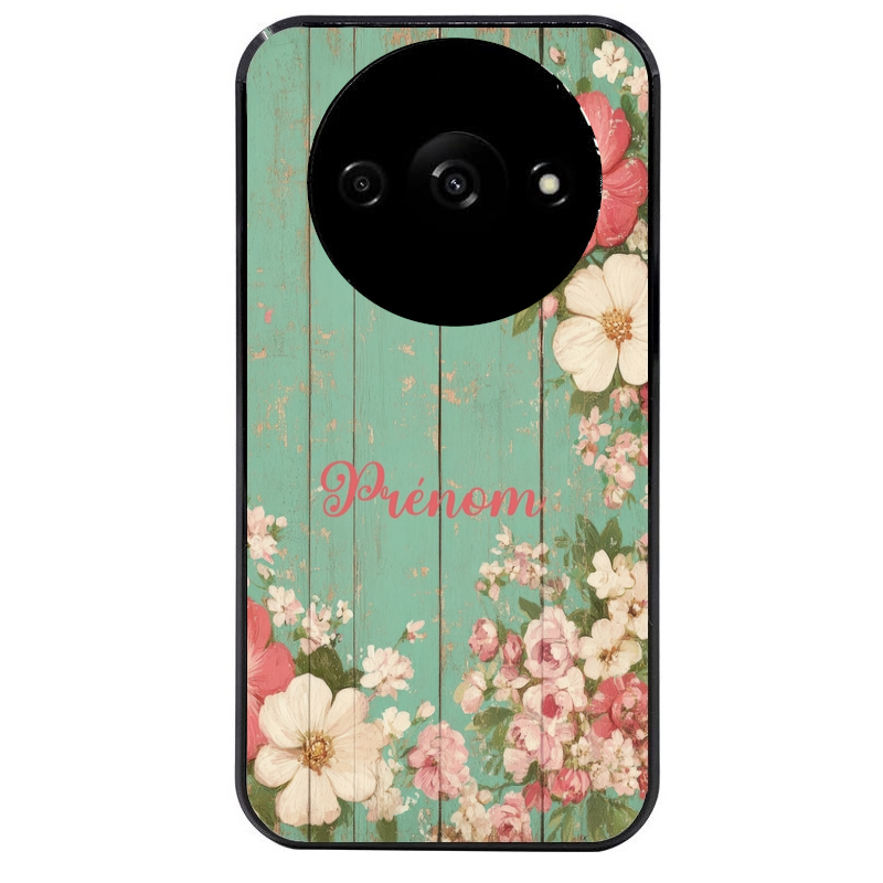 Coque noire taperso pour Redmi A3 avec motif bois et fleur avec votre prenom protection antichoc personnalisée
