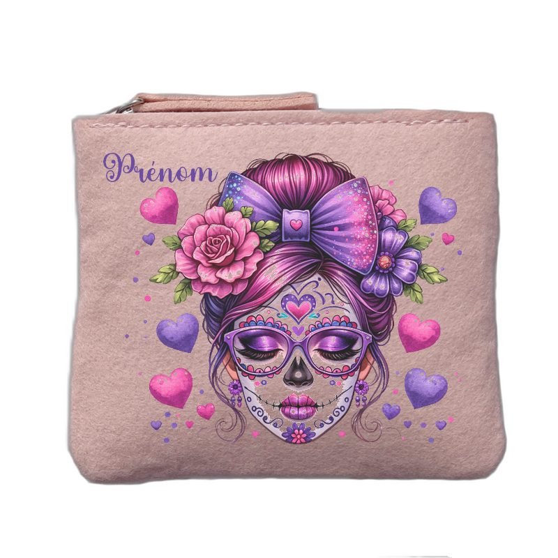 Porte monnaie personnalisé motif tete de mort coeur rose clair en feutrine en feutrine