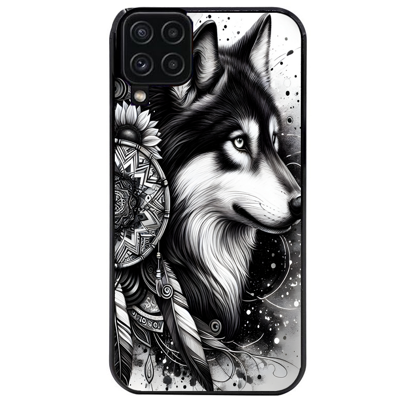 Coque noire taperso pour galaxy A22 A32 A52 A52S 4G 5G  avec motif loup dreamcatcher protection antichoc personnalisée