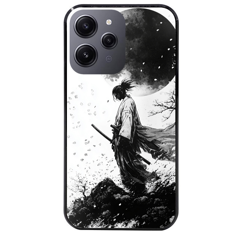 Coque noire taperso pour Redmi 12 4G et 5G avec motif samourai et lune protection antichoc personnalisée
